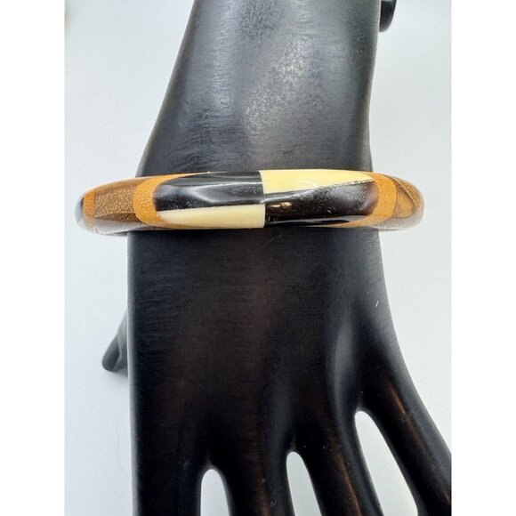 Modernist Boho Wood & Acrylic Bangle Bracelet Black Brown Tan Color Block 8" - Picture 6 of 6
